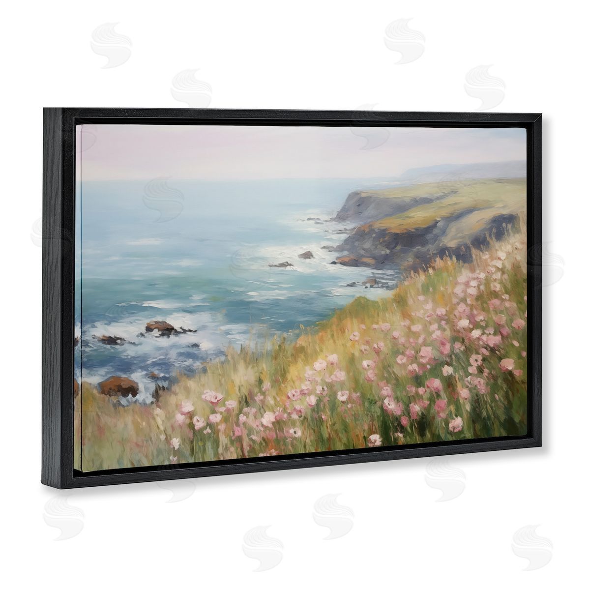 Pink Wildflower View Black Floating Frame Canvas Wall Art, Home Decor by LSR Design Studio