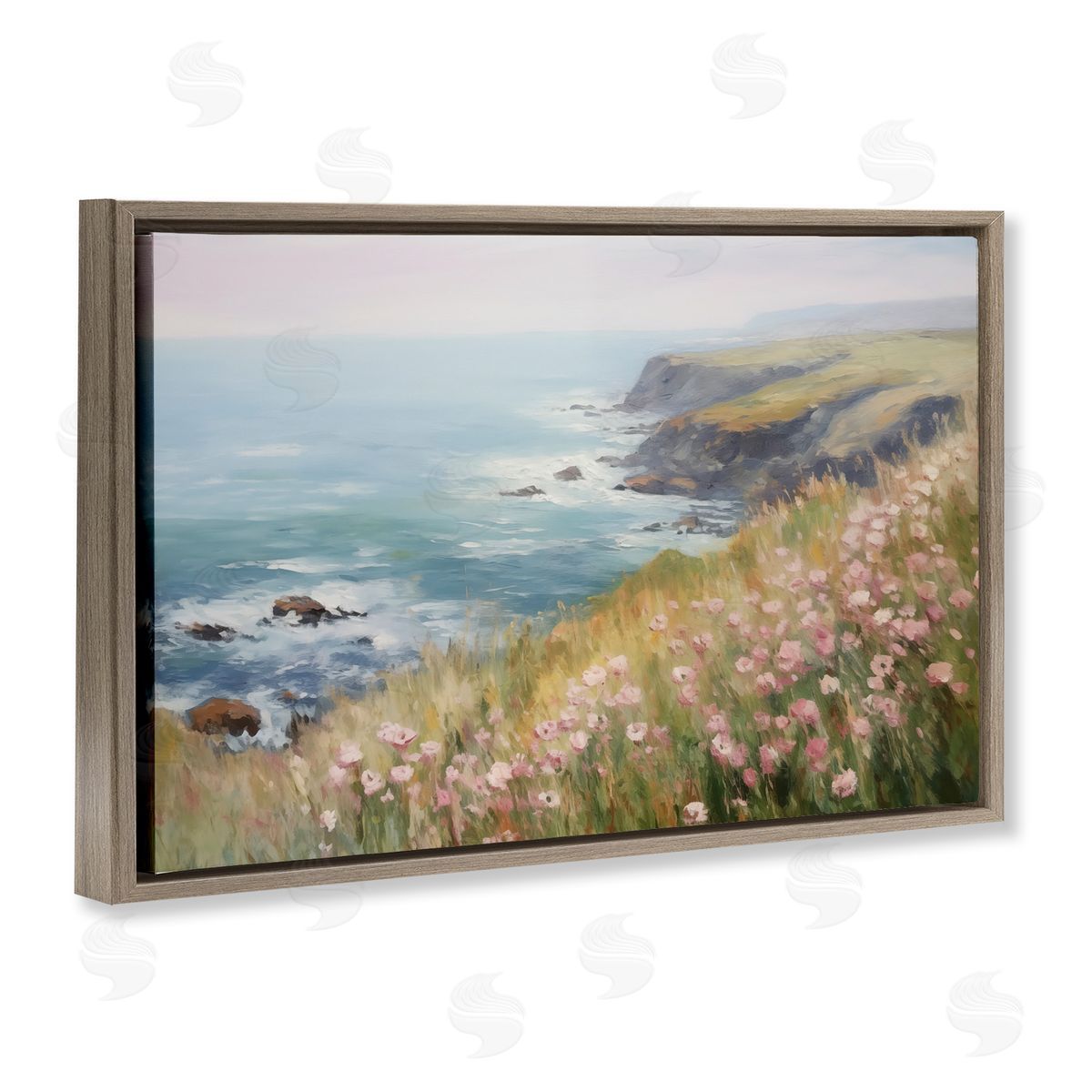 Pink Wildflower View Brown Floating Frame Canvas Wall Art, Home Decor by LSR Design Studio