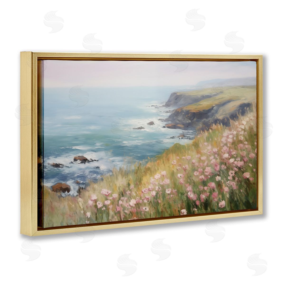 Pink Wildflower View Gold Floating Frame Canvas Wall Art, Home Decor by LSR Design Studio