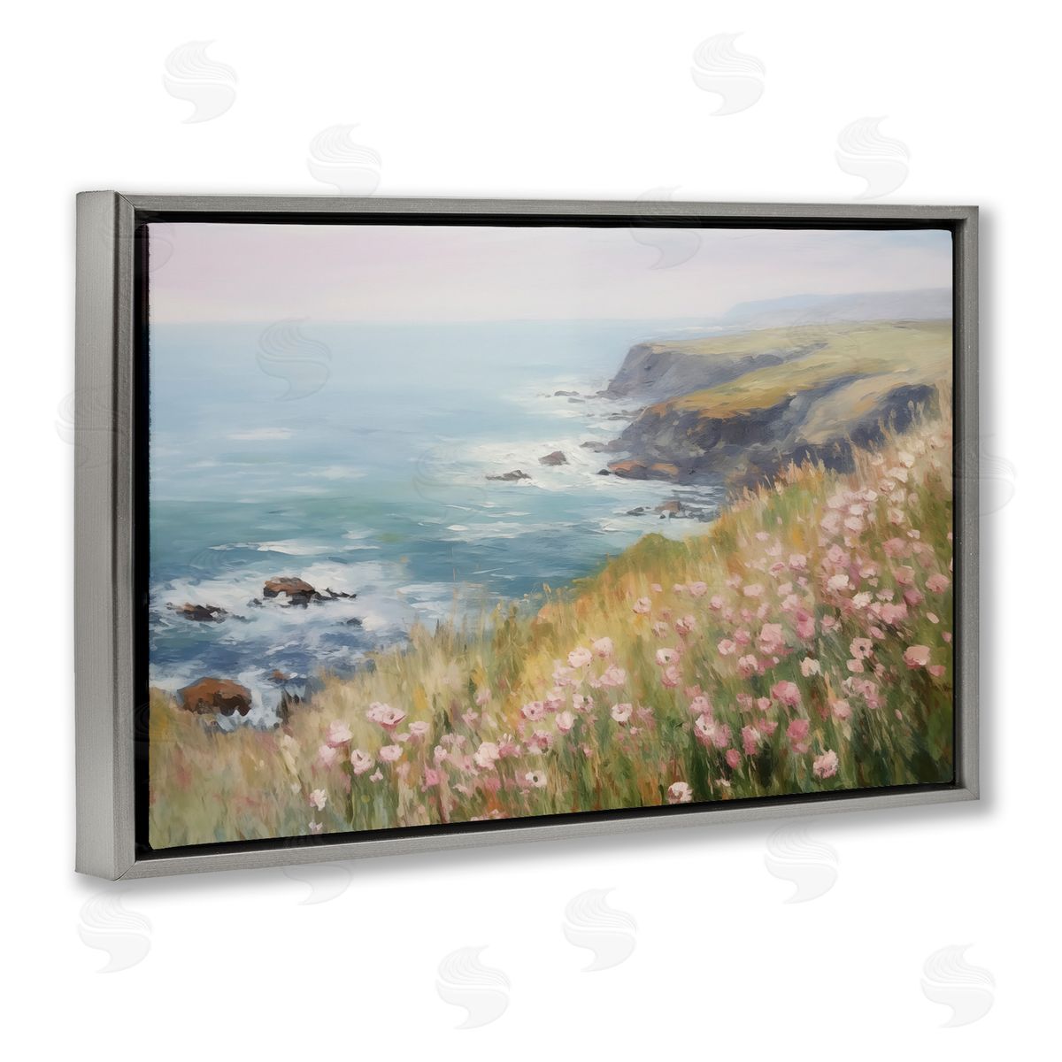Pink Wildflower View Grey Floating Frame Canvas Wall Art, Home Decor by LSR Design Studio