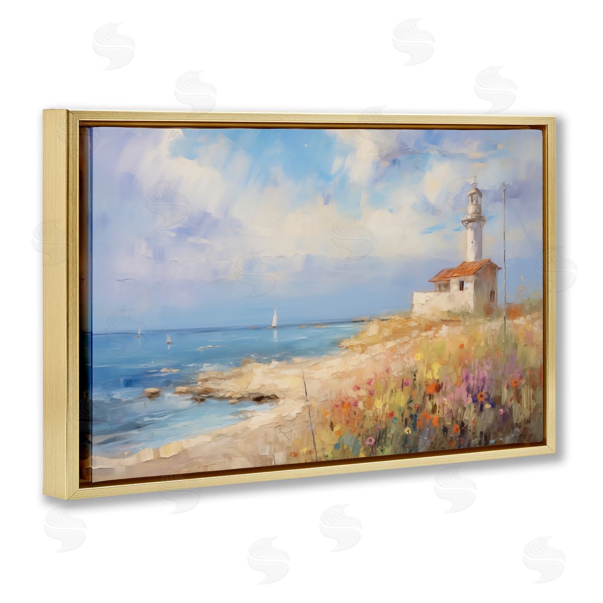 Vintage Lighthouse View Gold Floating Frame Canvas Wall Art, Home Decor by LSR Design Studio