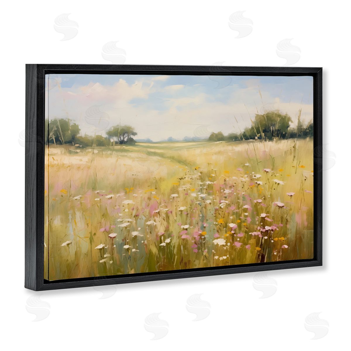 Faded Wildflower Field Black Floating Frame Canvas Wall Art, Home Decor by LSR Design Studio