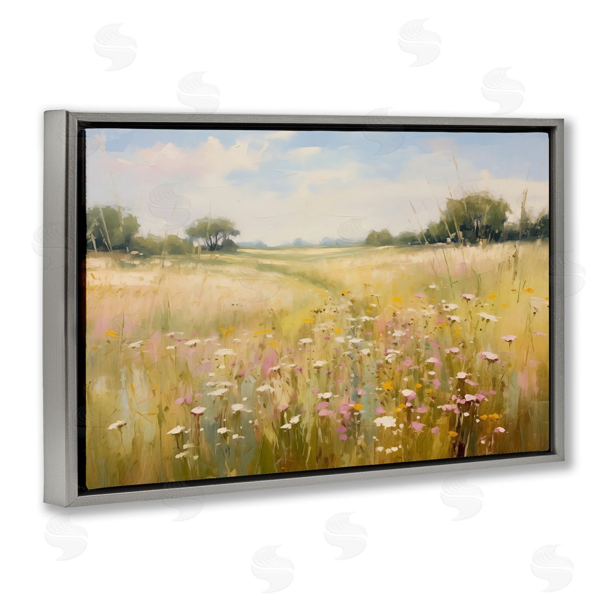 Faded Wildflower Field Grey Floating Frame Canvas Wall Art, Home Decor by LSR Design Studio