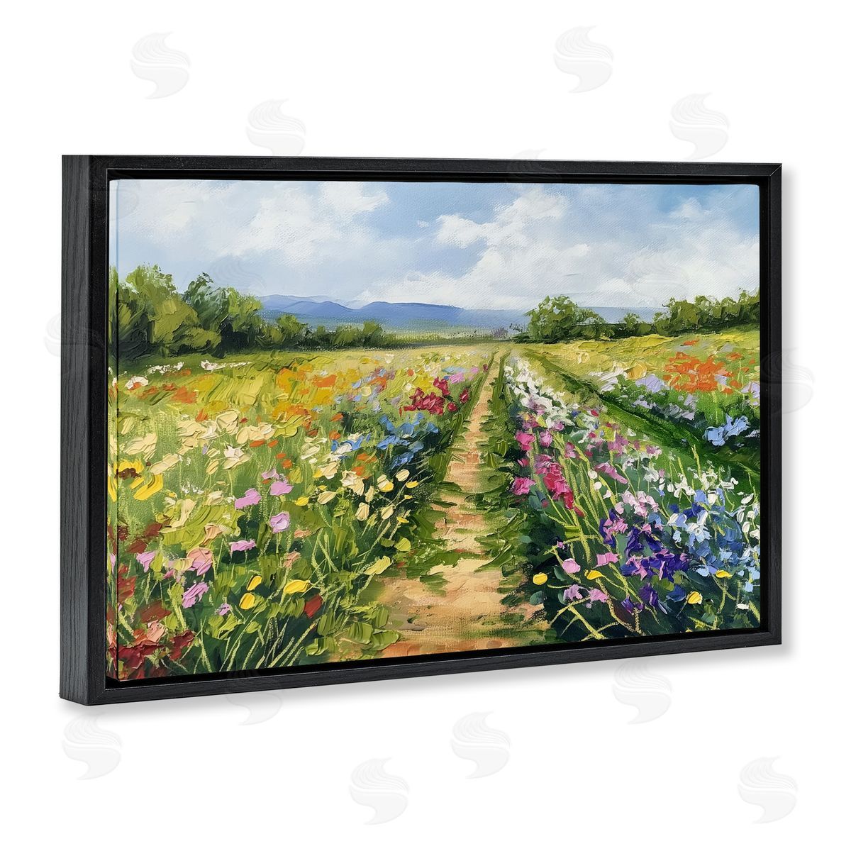 Bright Hued Wildflower Path Black Floating Frame Canvas Wall Art, Home Decor by LSR Design Studio