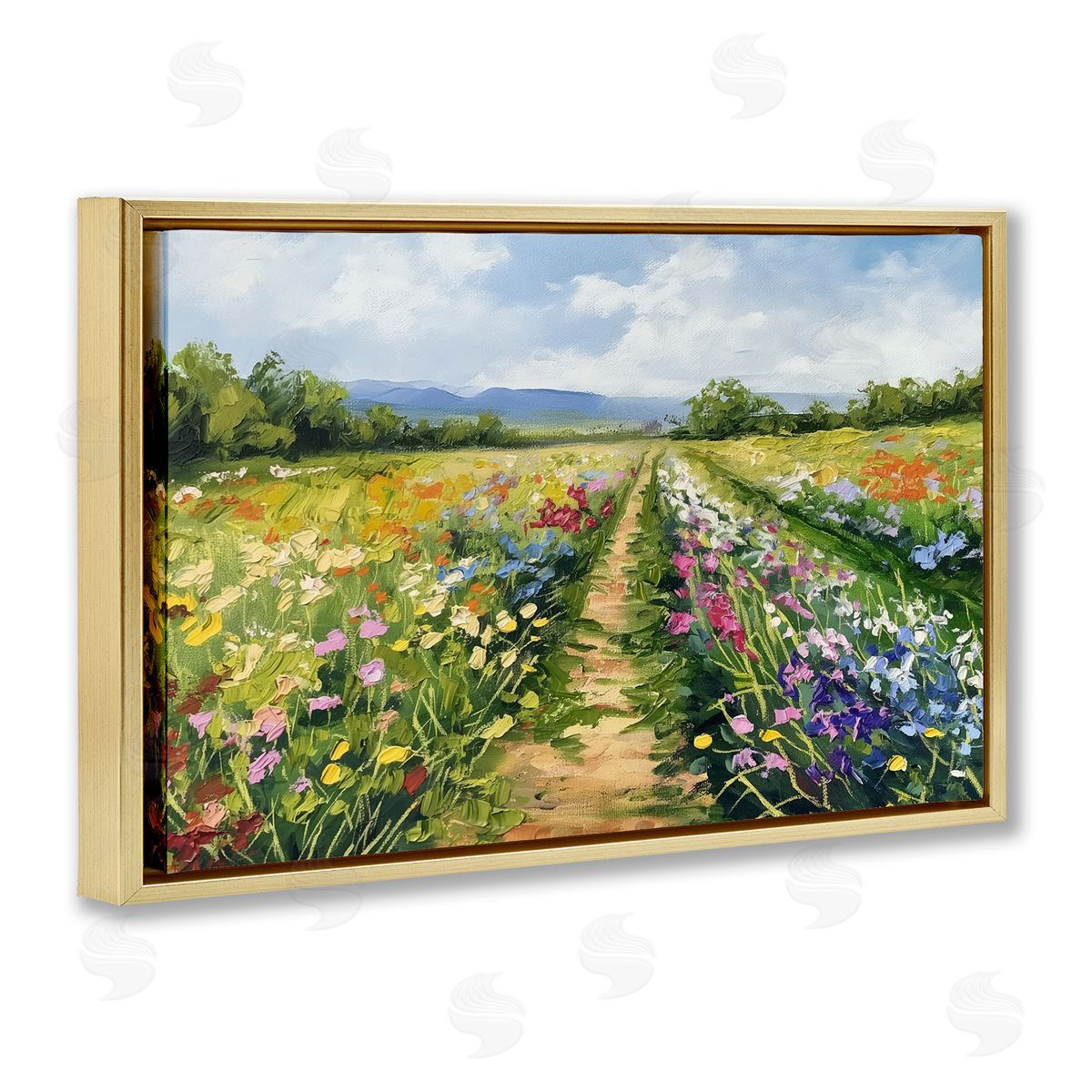 Bright Hued Wildflower Path Gold Floating Frame Canvas Wall Art, Home Decor by LSR Design Studio