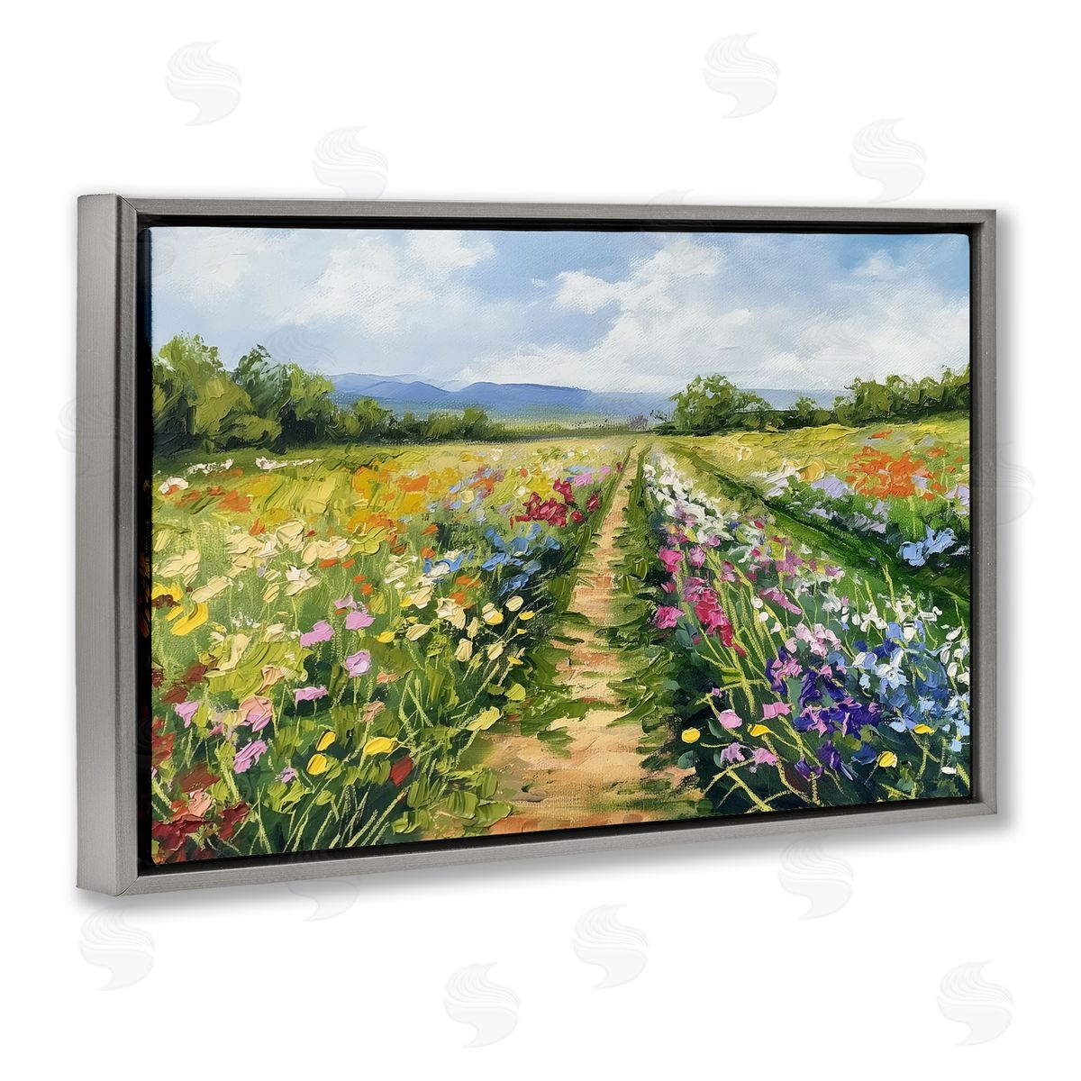 Bright Hued Wildflower Path Grey Floating Frame Canvas Wall Art, Home Decor by LSR Design Studio