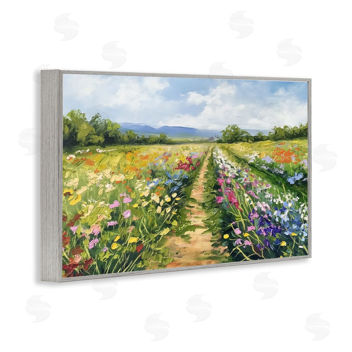 Bright Hued Wildflower Path Grey Frame Print Wall Art, Home Decor by LSR Design Studio