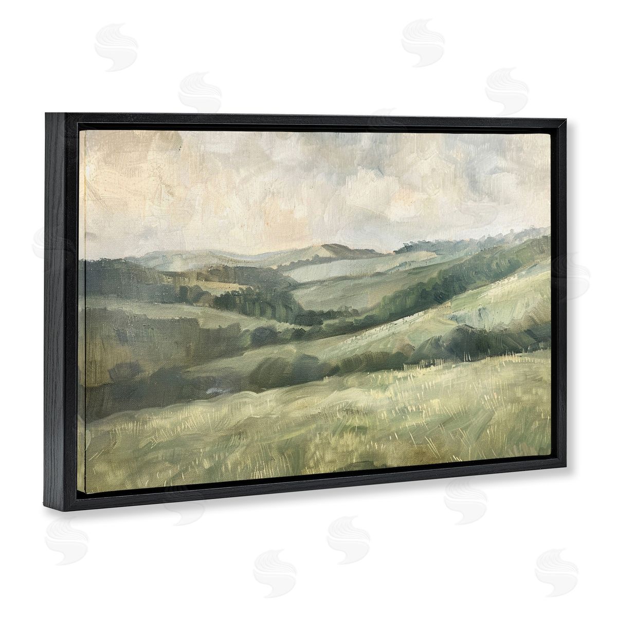 Green Hilly Landscape Black Floating Frame Canvas Wall Art, Home Decor by LSR Design Studio