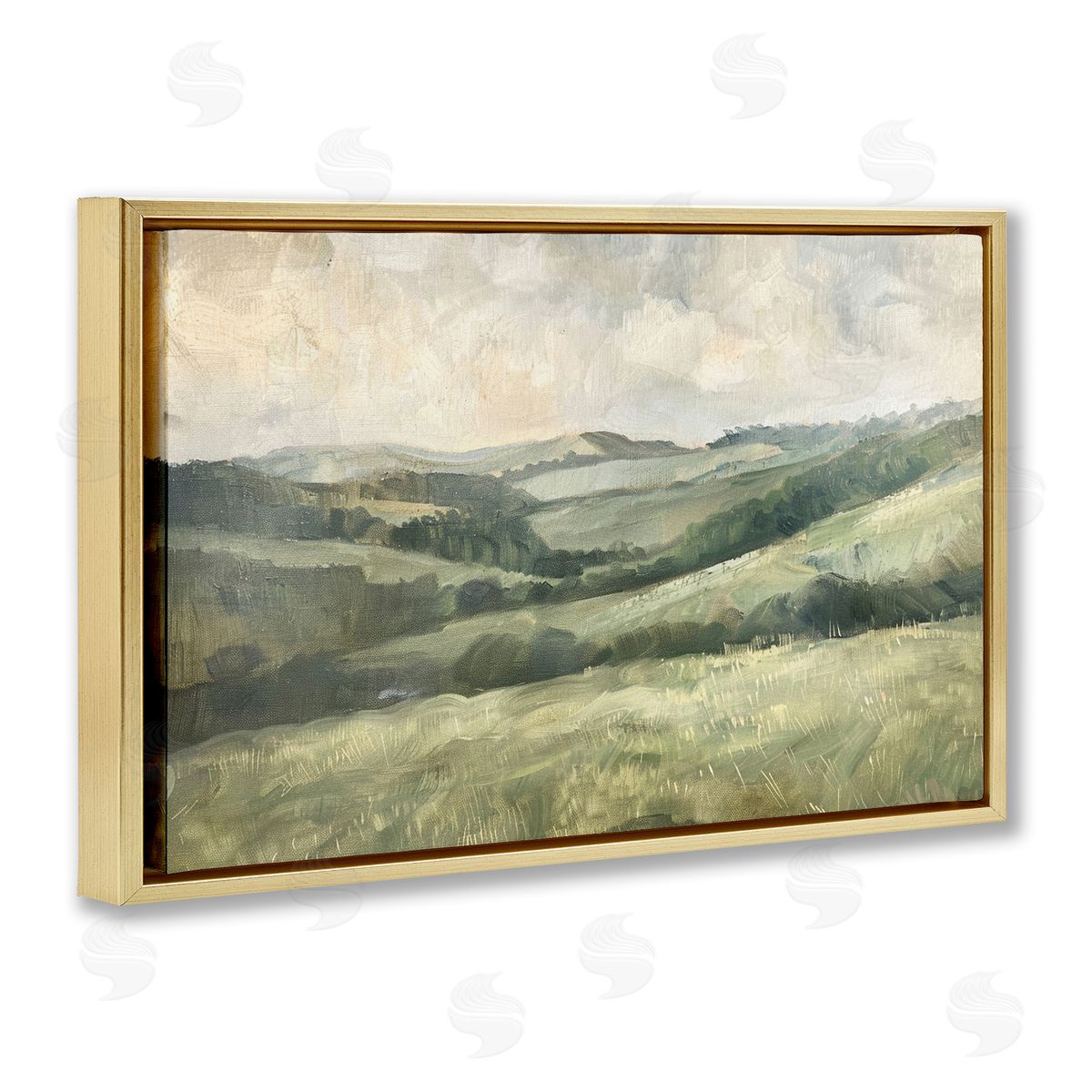 Green Hilly Landscape Gold Floating Frame Canvas Wall Art, Home Decor by LSR Design Studio