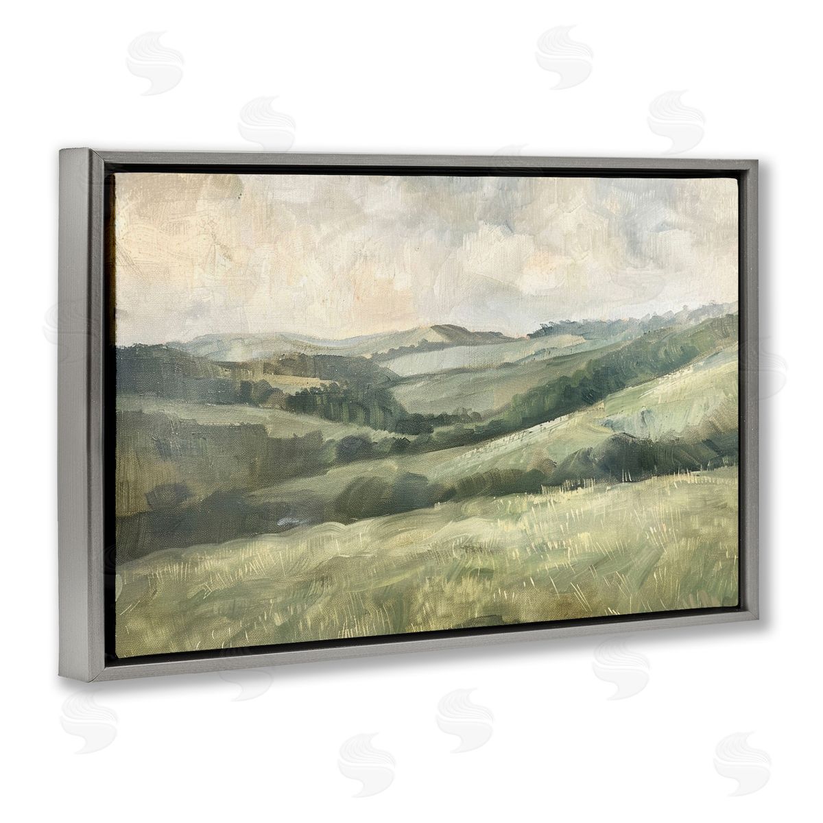 Green Hilly Landscape Grey Floating Frame Canvas Wall Art, Home Decor by LSR Design Studio