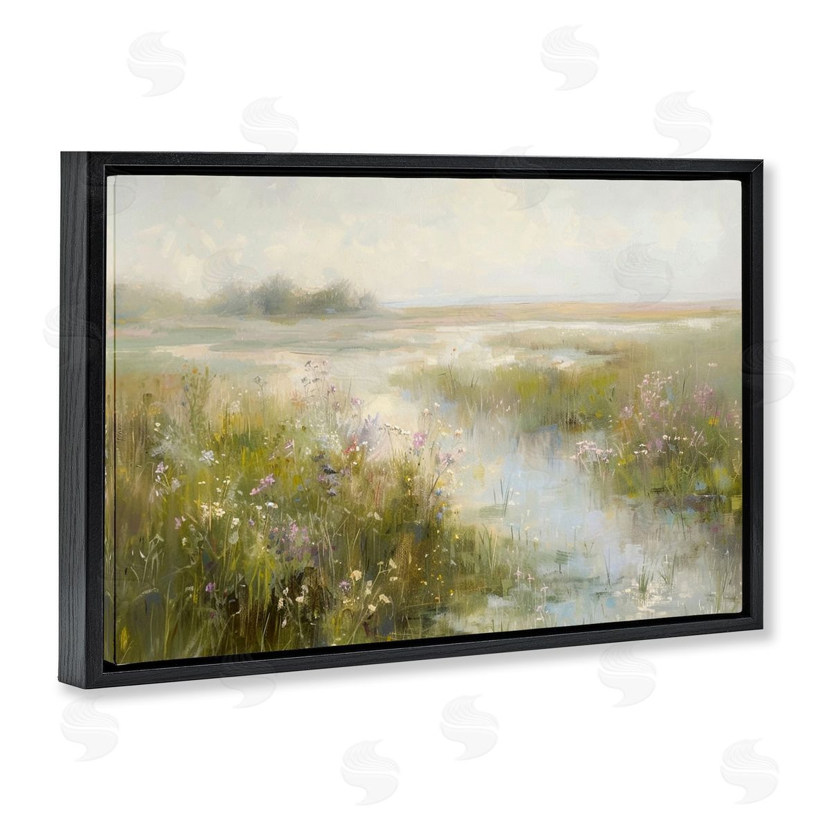 Spring River with Wild Blooms Black Floating Frame Canvas Wall Art, Home Decor by LSR Design Studio
