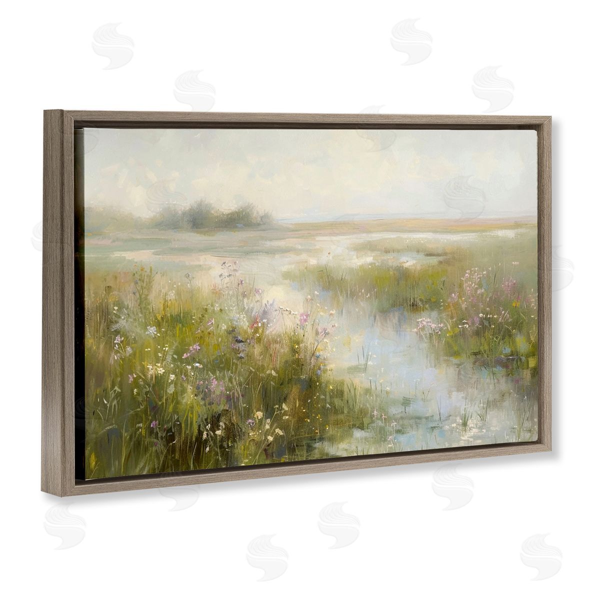 Spring River with Wild Blooms Brown Floating Frame Canvas Wall Art, Home Decor by LSR Design Studio