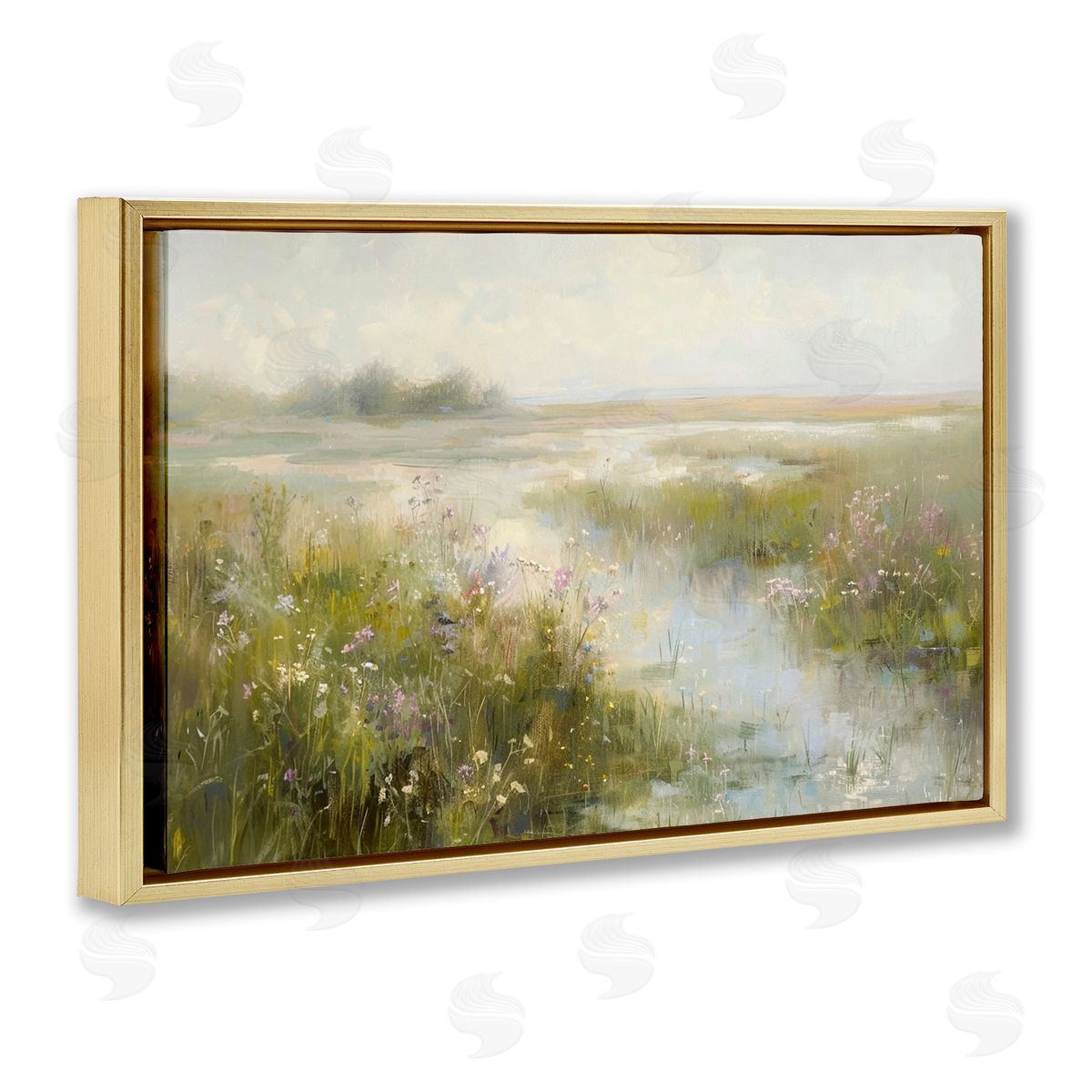 Spring River with Wild Blooms Gold Floating Frame Canvas Wall Art, Home Decor by LSR Design Studio