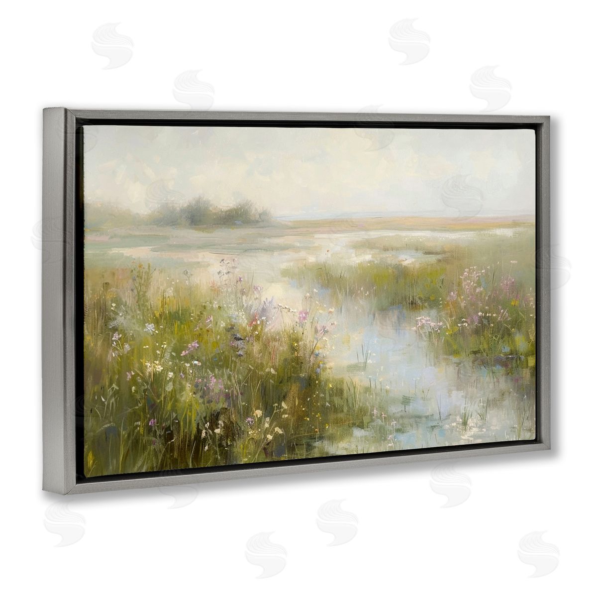 Spring River with Wild Blooms Grey Floating Frame Canvas Wall Art, Home Decor by LSR Design Studio
