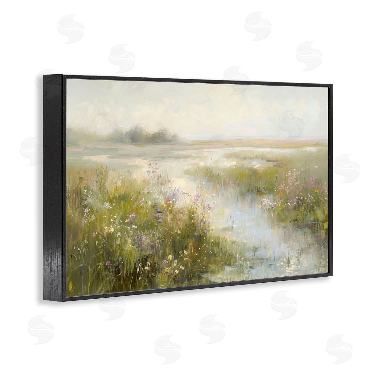 Spring River with Wild Blooms Black Frame Print Wall Art, Home Decor by LSR Design Studio