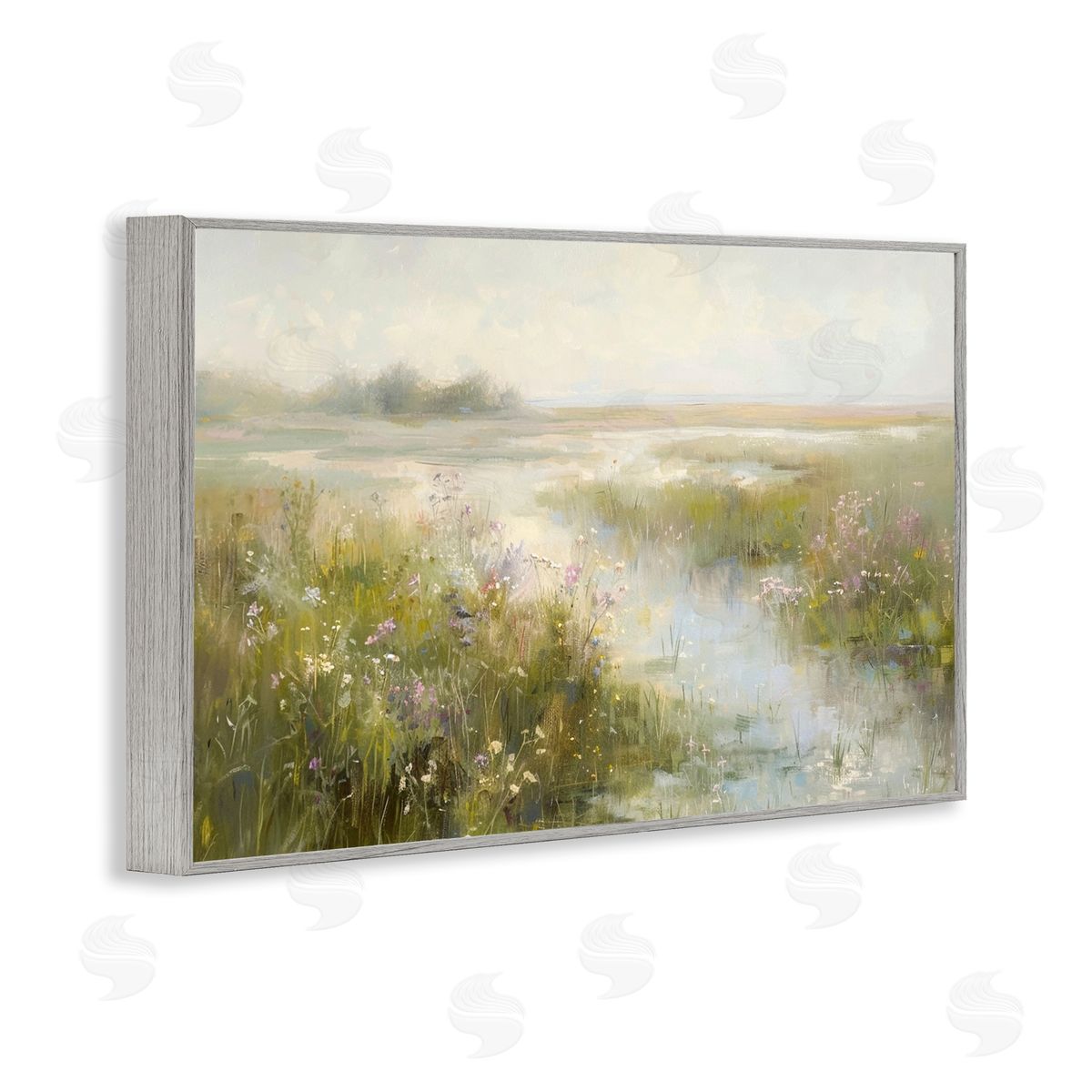 Spring River with Wild Blooms Grey Frame Print Wall Art, Home Decor by LSR Design Studio