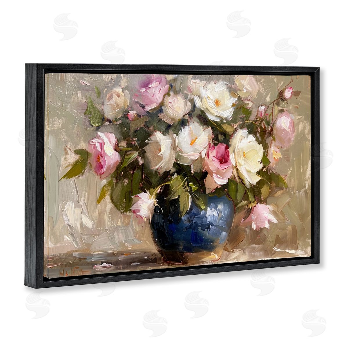 Painterly Vase of Roses Black Floating Frame Canvas Wall Art, Home Decor by LSR Design Studio