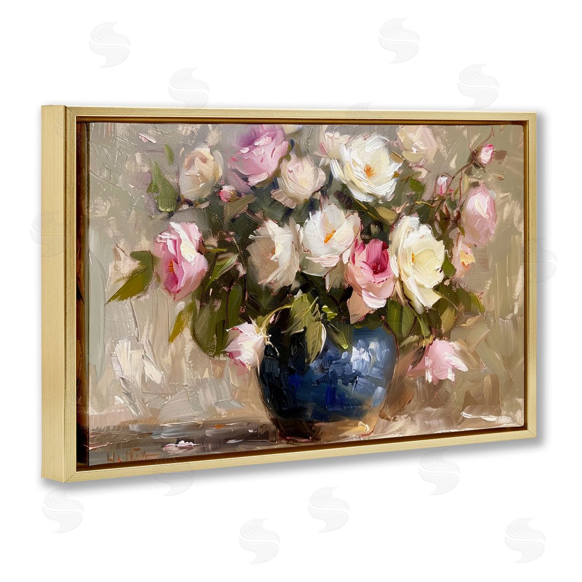 Painterly Vase of Roses Gold Floating Frame Canvas Wall Art, Home Decor by LSR Design Studio