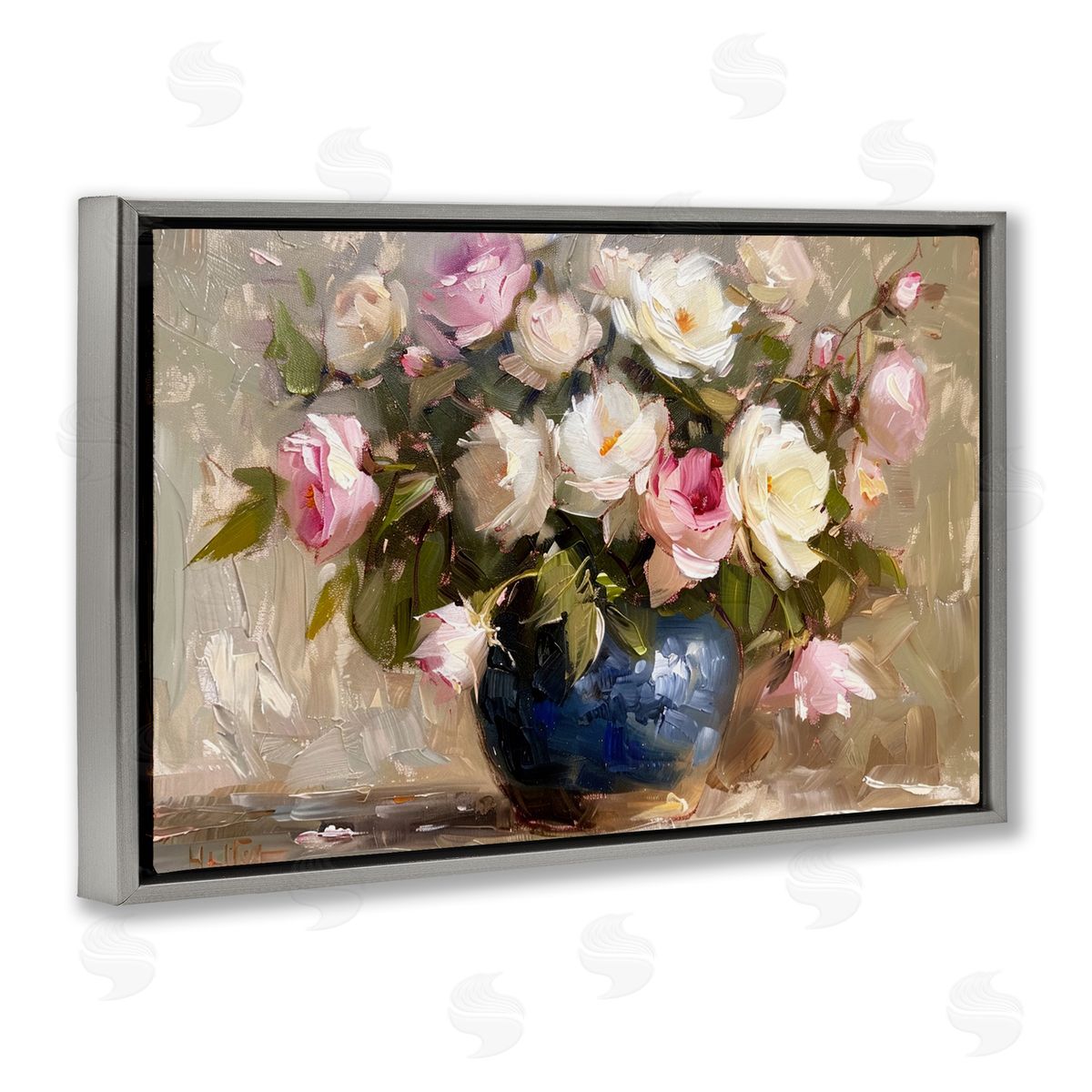 Painterly Vase of Roses Grey Floating Frame Canvas Wall Art, Home Decor by LSR Design Studio