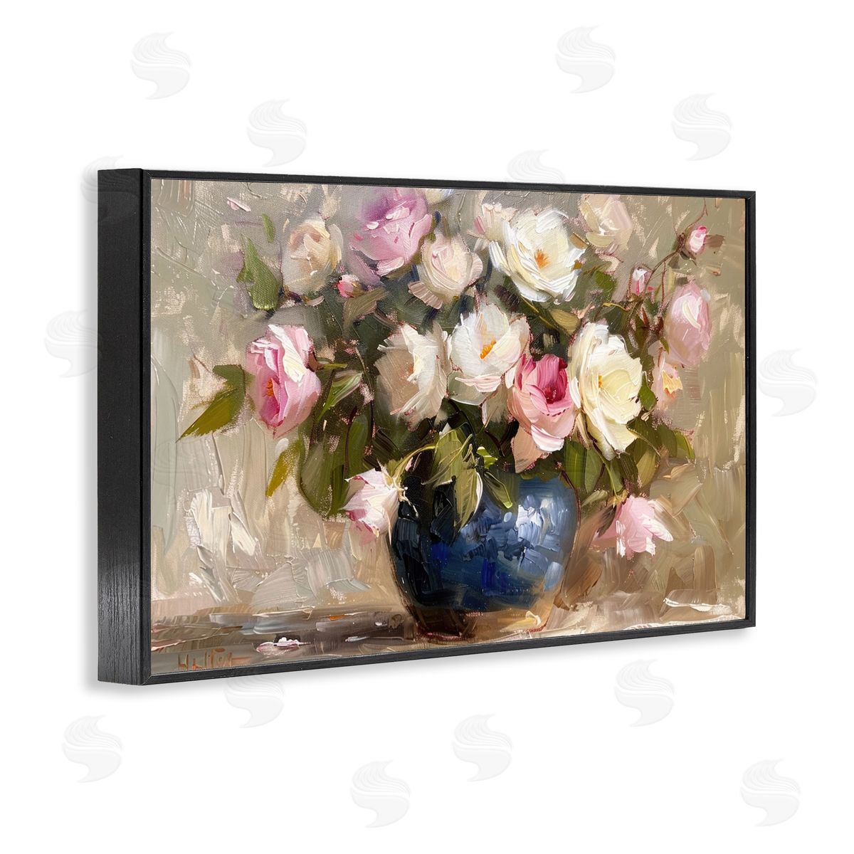 Painterly Vase of Roses Black Frame Print Wall Art, Home Decor by LSR Design Studio