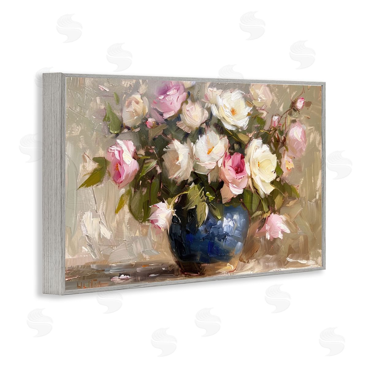 Painterly Vase of Roses Grey Frame Print Wall Art, Home Decor by LSR Design Studio