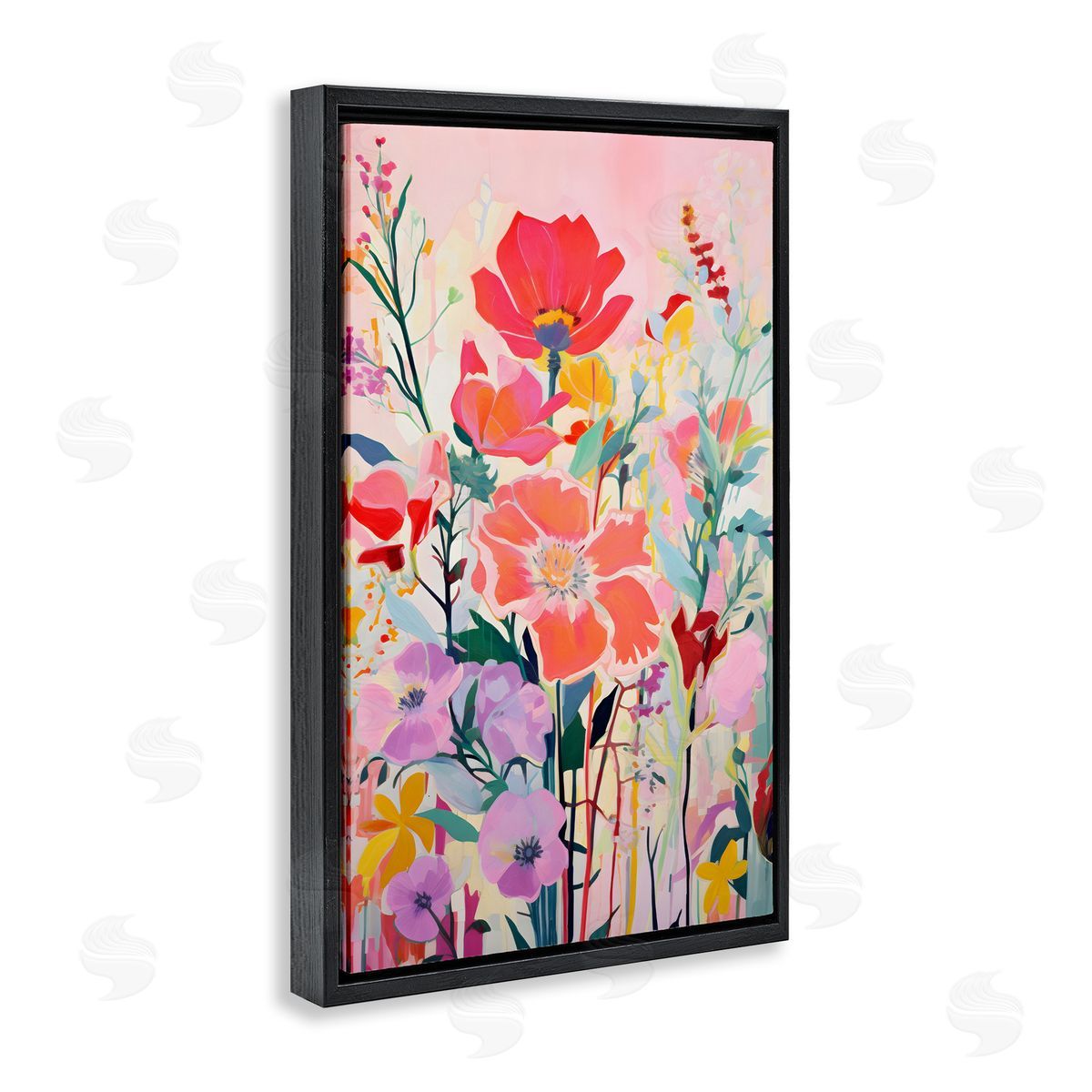 Abstract Flowers on Pink Black Floating Frame Canvas Wall Art, Home Decor by LSR Design Studio