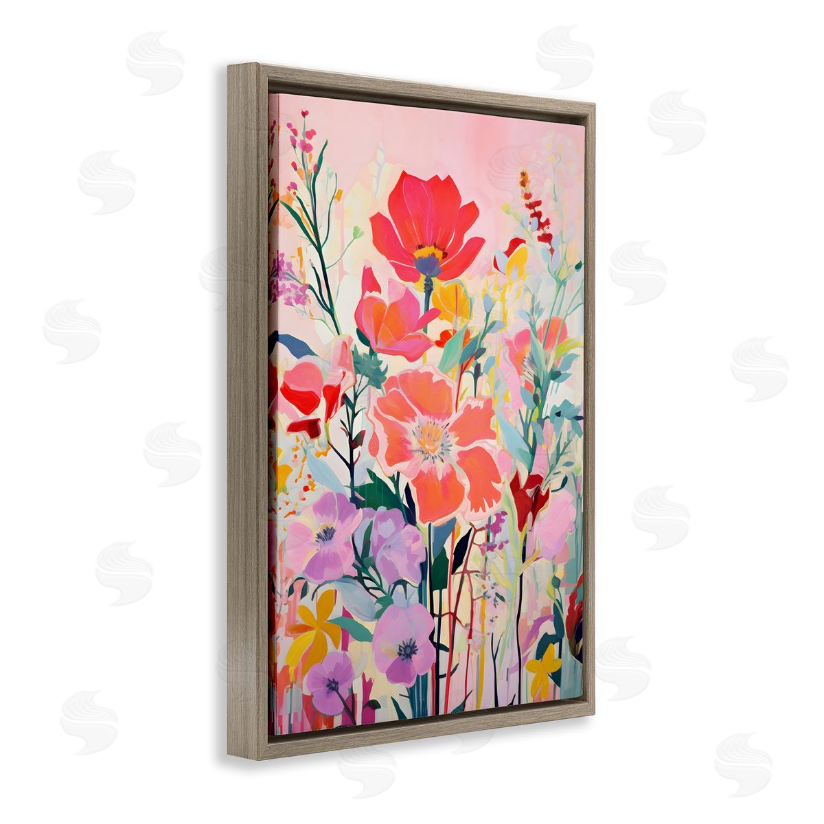Abstract Flowers on Pink Brown Floating Frame Canvas Wall Art, Home Decor by LSR Design Studio