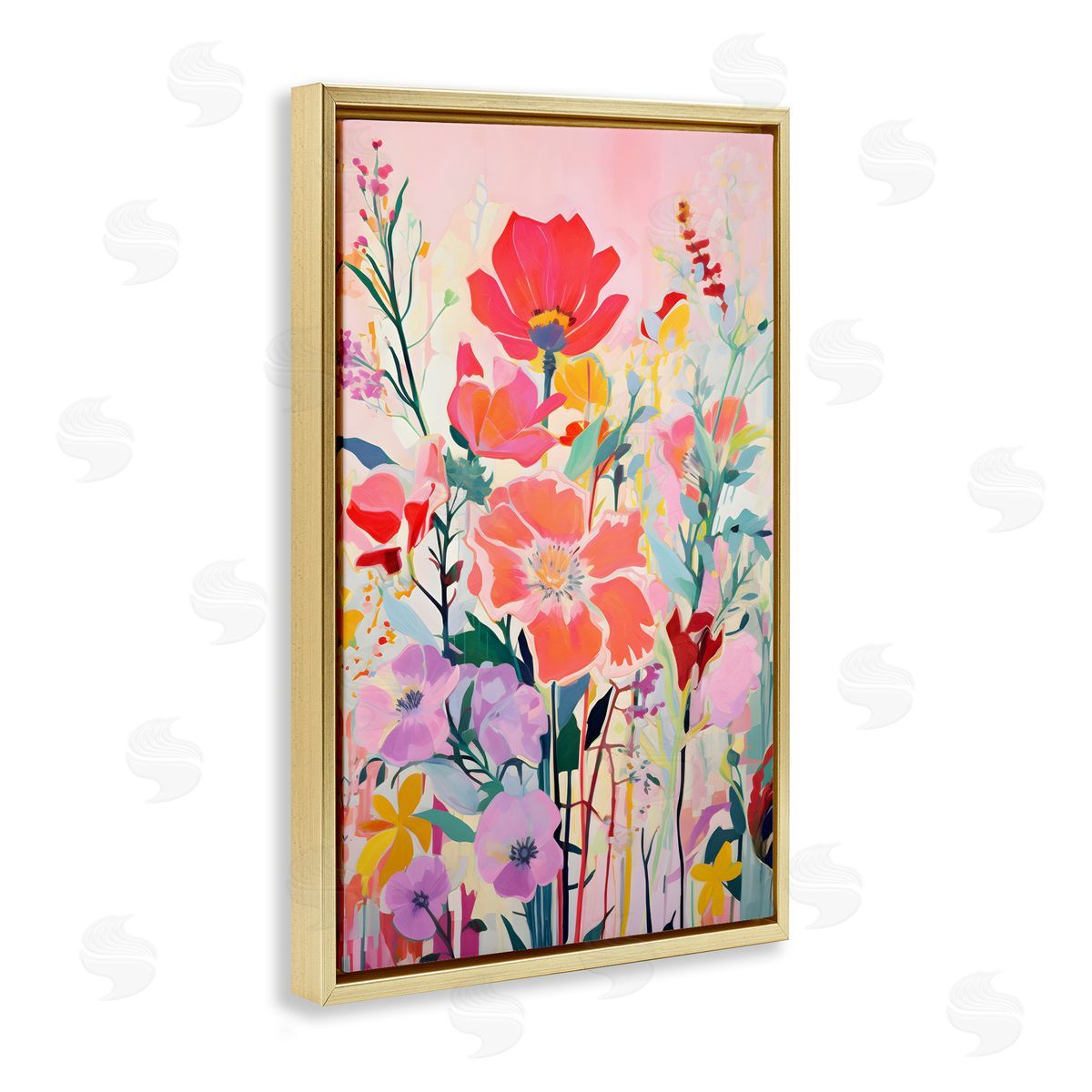 Abstract Flowers on Pink Gold Floating Frame Canvas Wall Art, Home Decor by LSR Design Studio