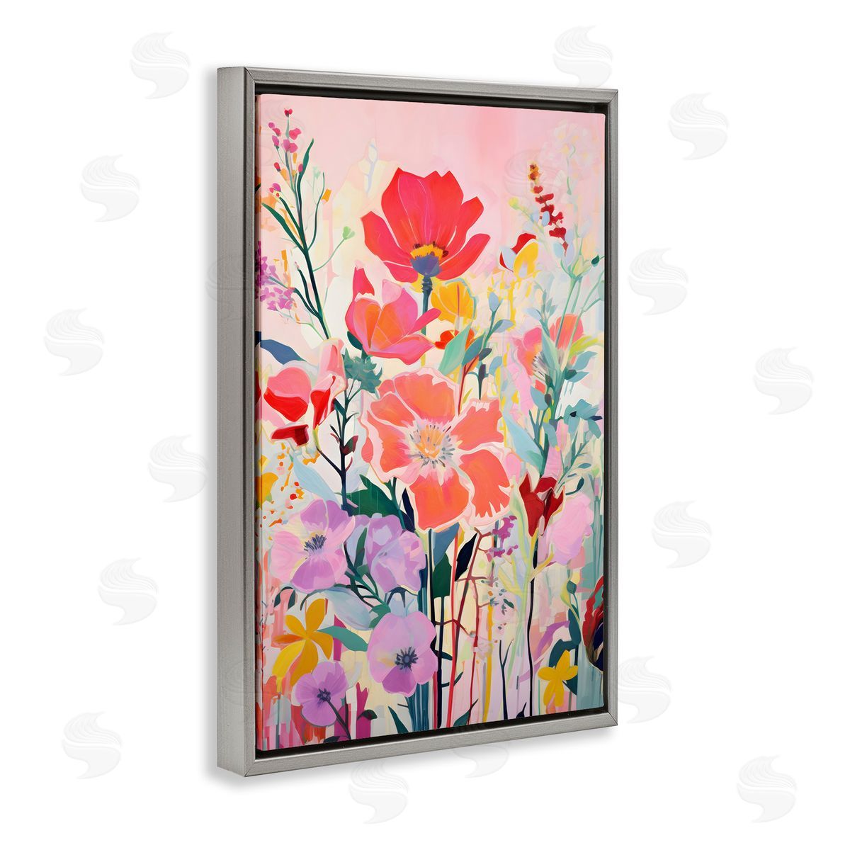 Abstract Flowers on Pink Grey Floating Frame Canvas Wall Art, Home Decor by LSR Design Studio