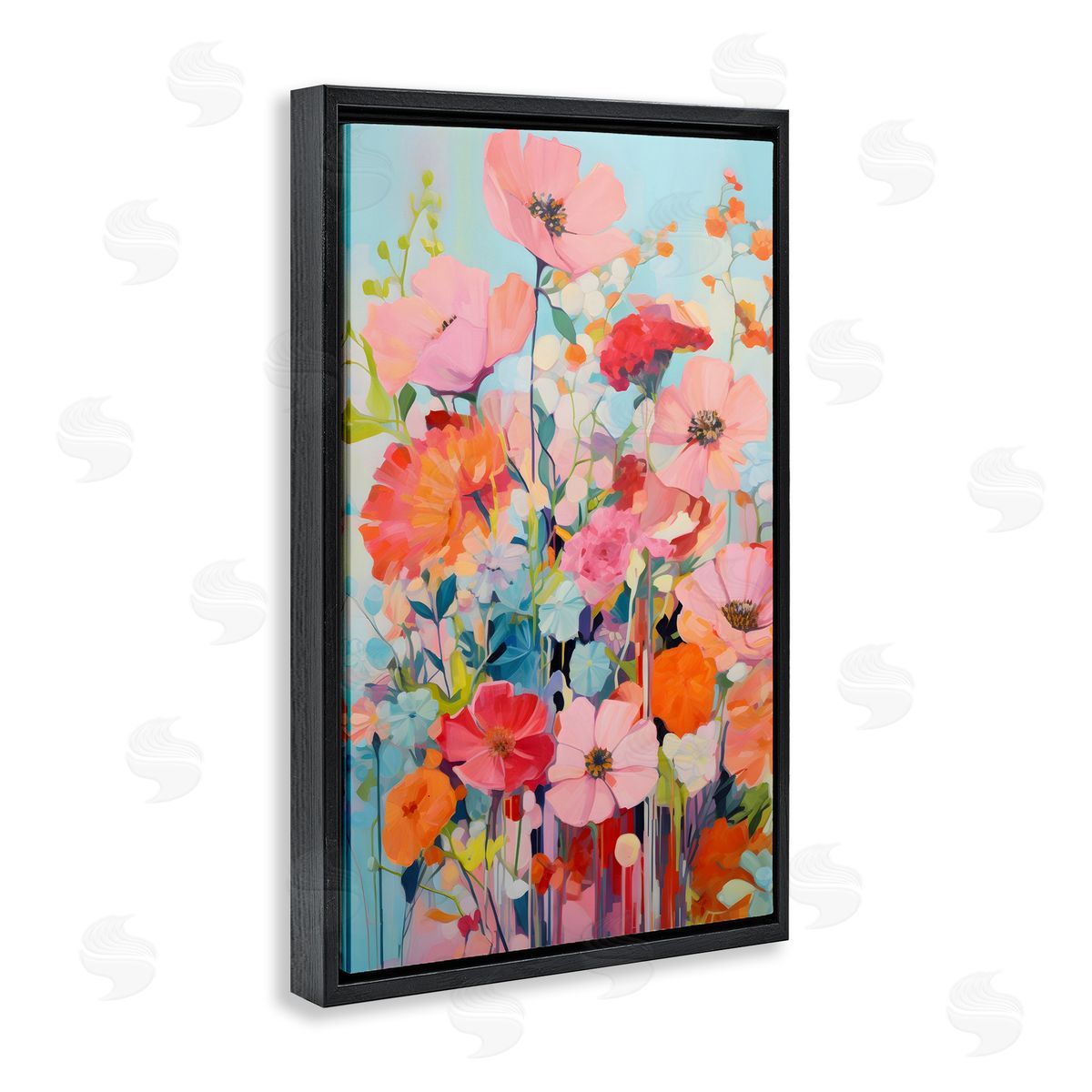 Abstract Flowers on Blue Black Floating Frame Canvas Wall Art, Home Decor by LSR Design Studio