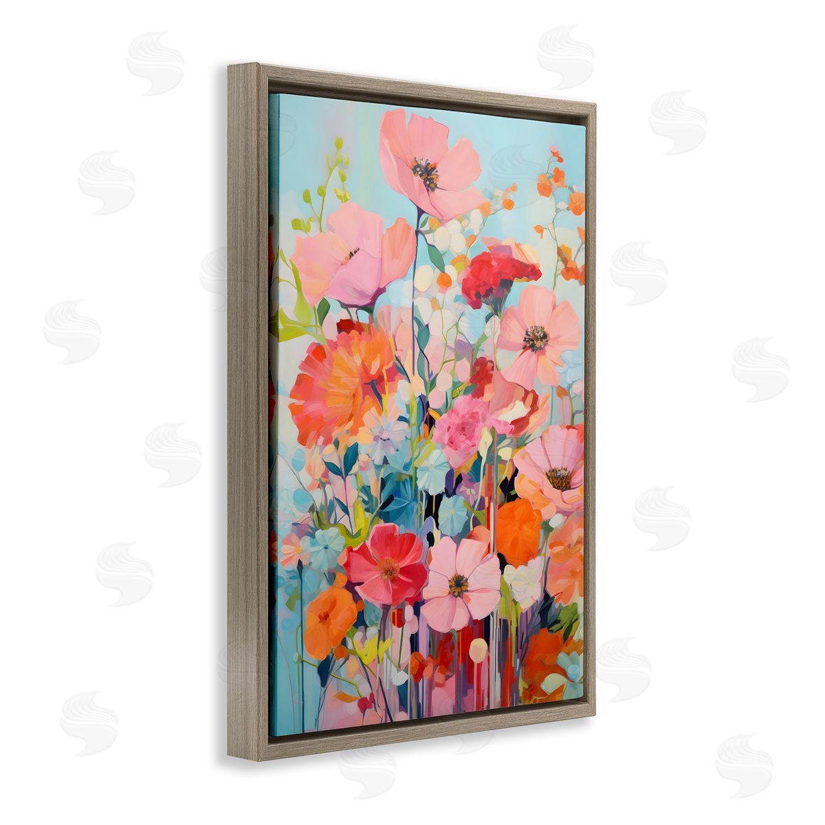 Abstract Flowers on Blue Brown Floating Frame Canvas Wall Art, Home Decor by LSR Design Studio
