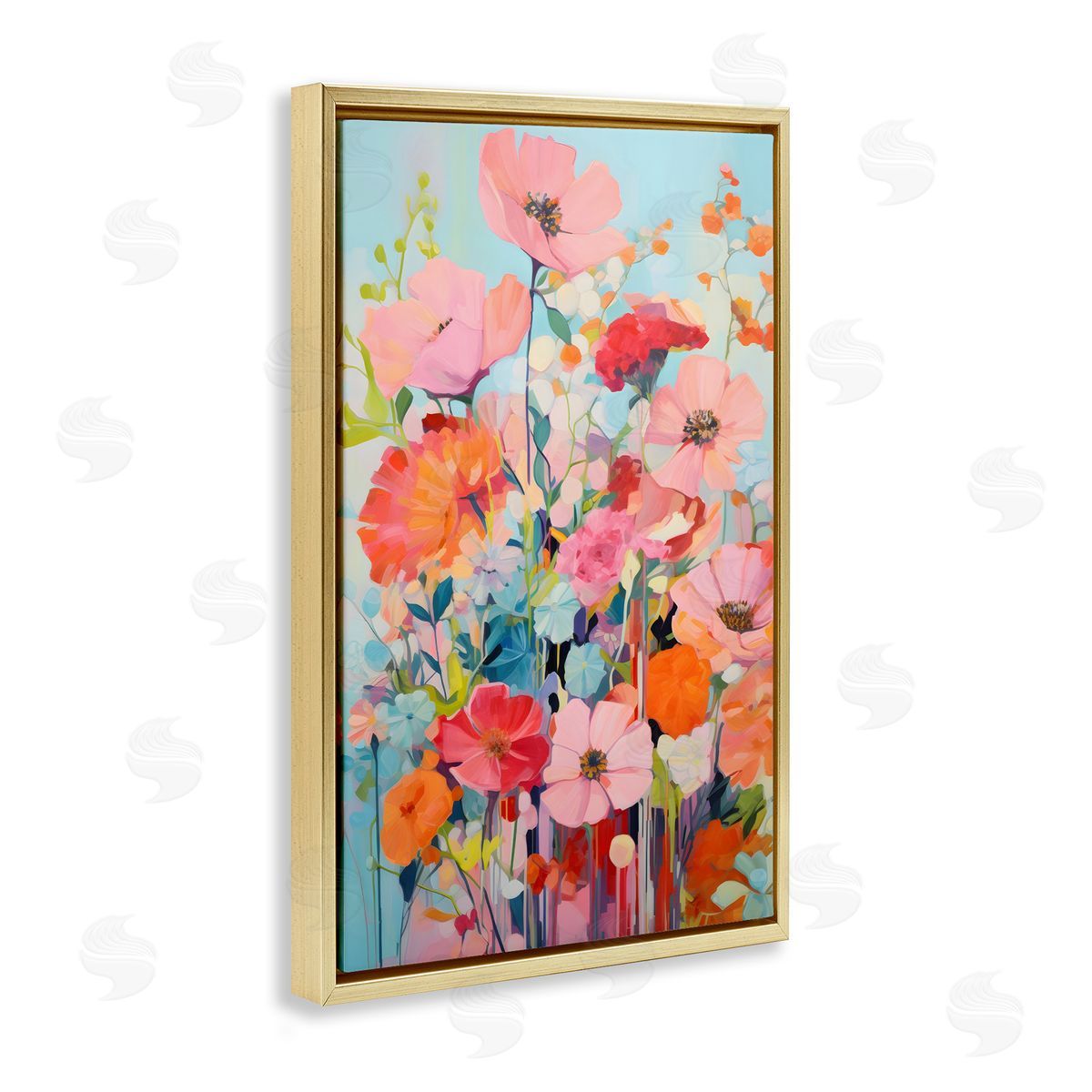 Abstract Flowers on Blue Gold Floating Frame Canvas Wall Art, Home Decor by LSR Design Studio