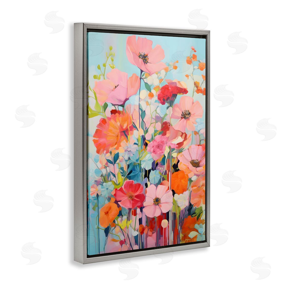 Abstract Flowers on Blue Grey Floating Frame Canvas Wall Art, Home Decor by LSR Design Studio
