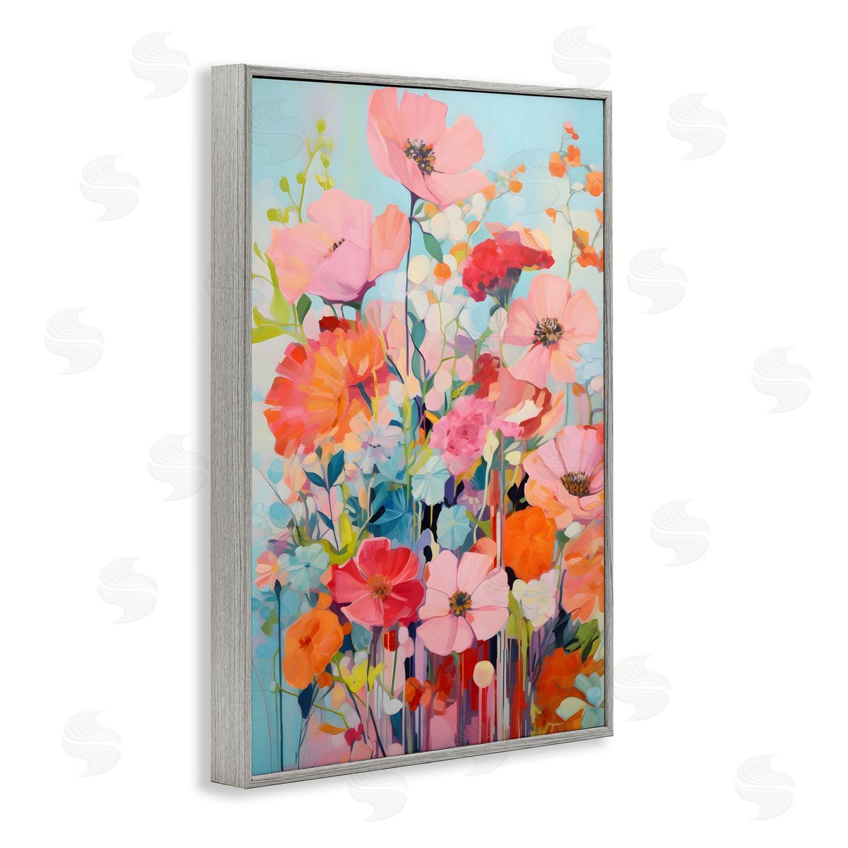 Abstract Flowers on Blue Grey Frame Print Wall Art, Home Decor by LSR Design Studio