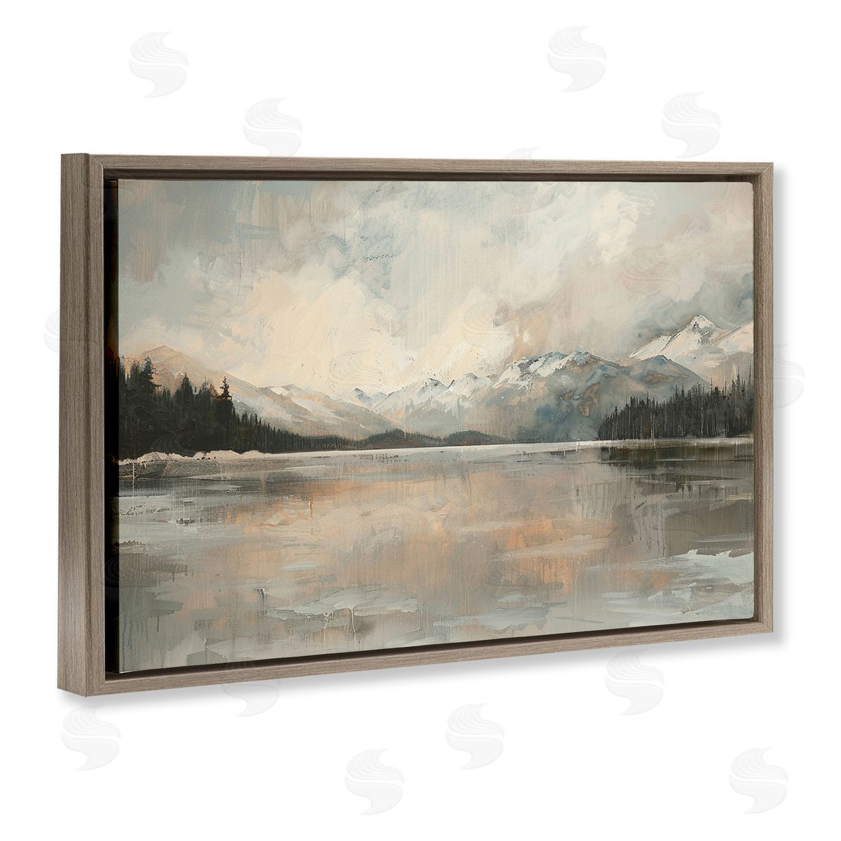 Frozen Lake Landscape Brown Floating Frame Canvas Wall Art, Home Decor by LSR Design Studio