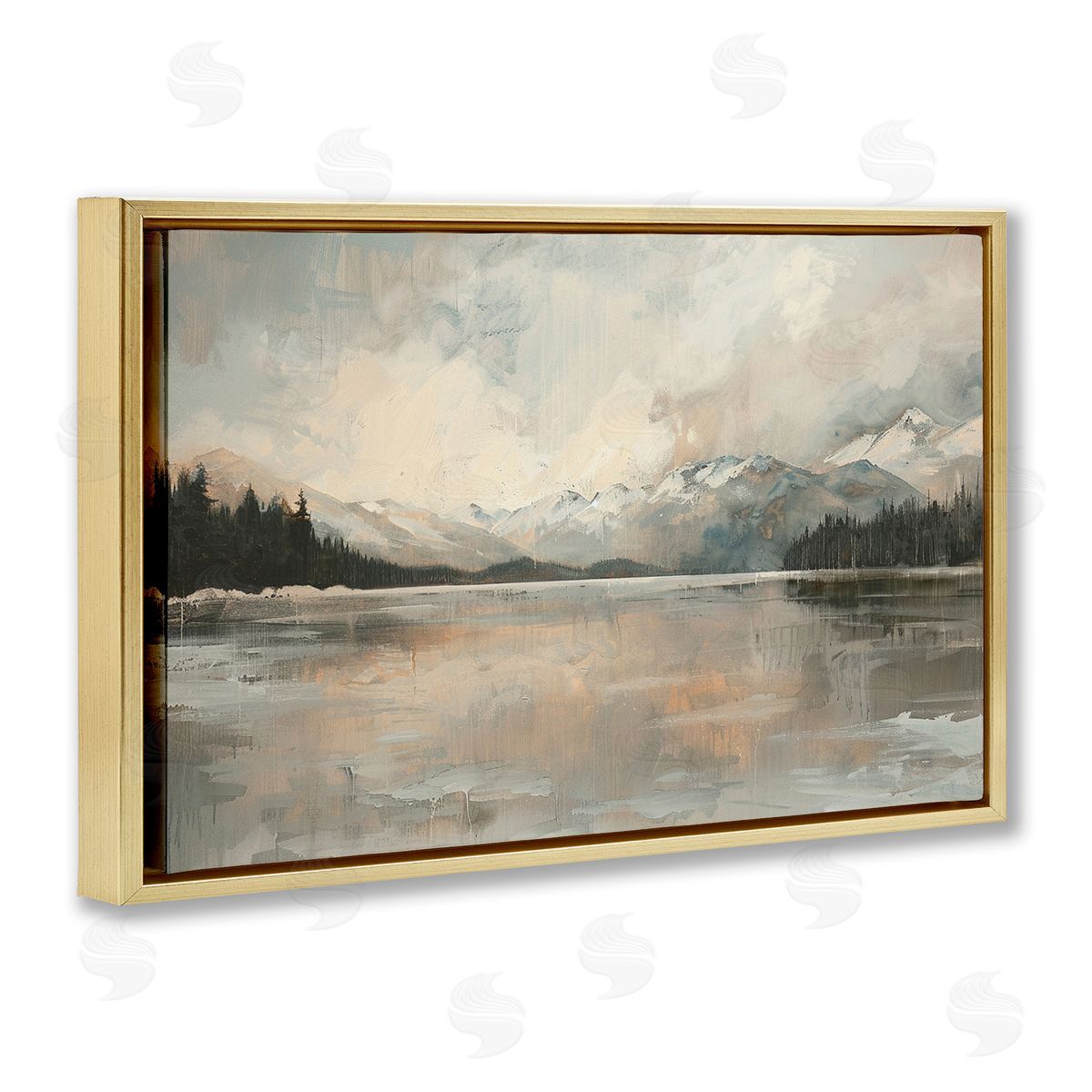 Frozen Lake Landscape Gold Floating Frame Canvas Wall Art, Home Decor by LSR Design Studio