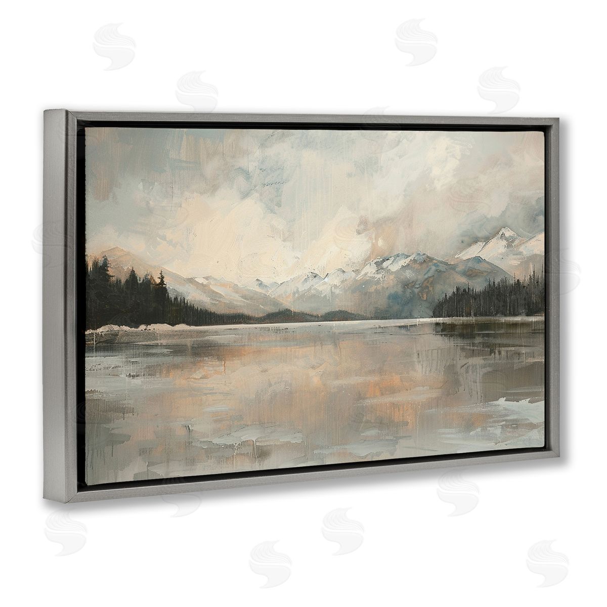 Frozen Lake Landscape Grey Floating Frame Canvas Wall Art, Home Decor by LSR Design Studio