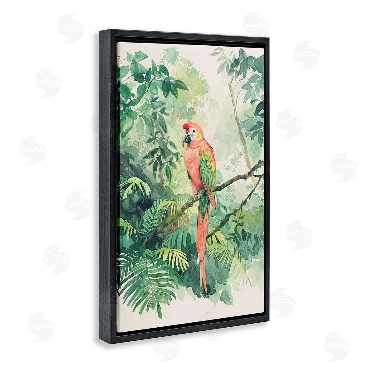 Pink Parrot in Jungle Black Floating Frame Canvas Wall Art, Home Decor by LSR Design Studio