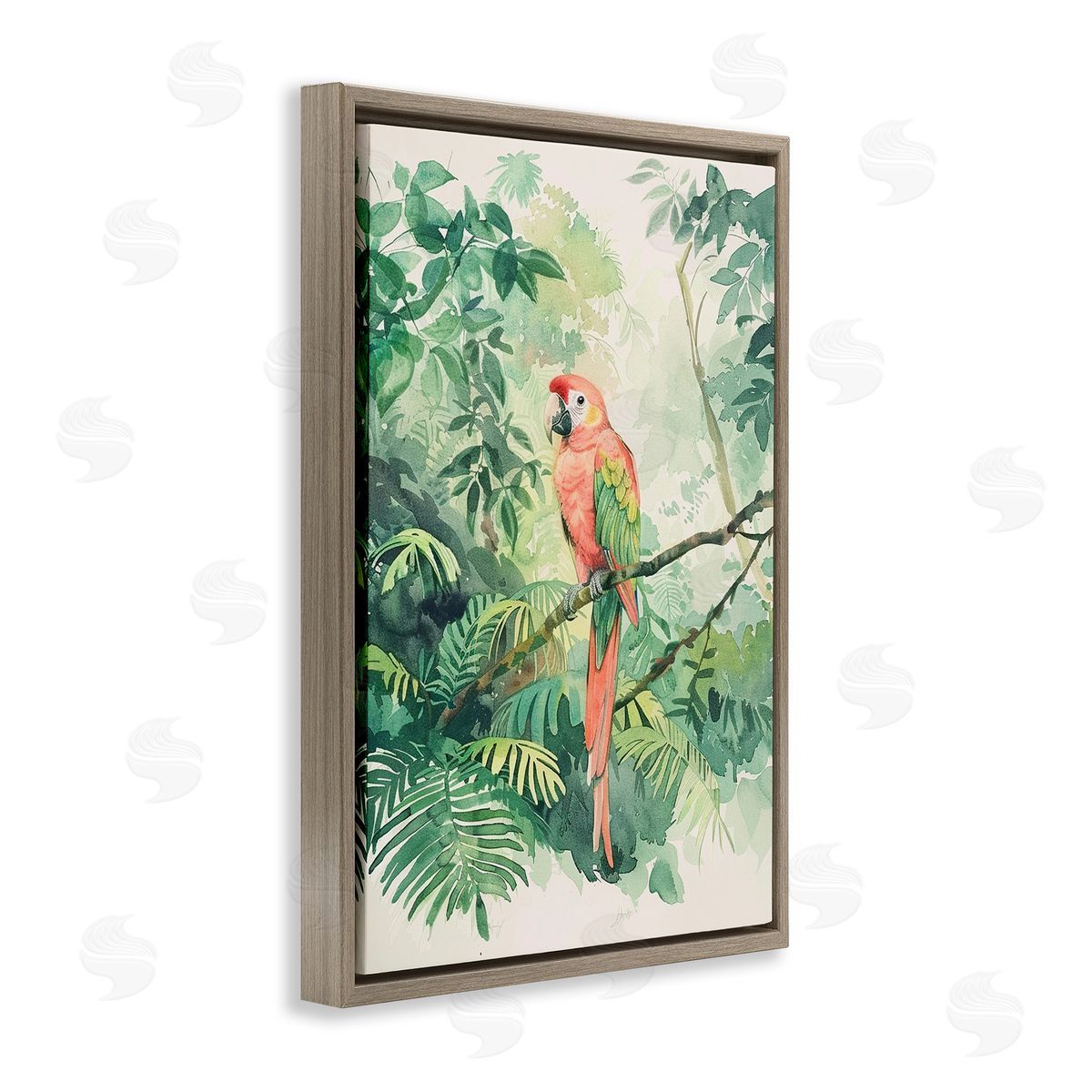 Pink Parrot in Jungle Brown Floating Frame Canvas Wall Art, Home Decor by LSR Design Studio