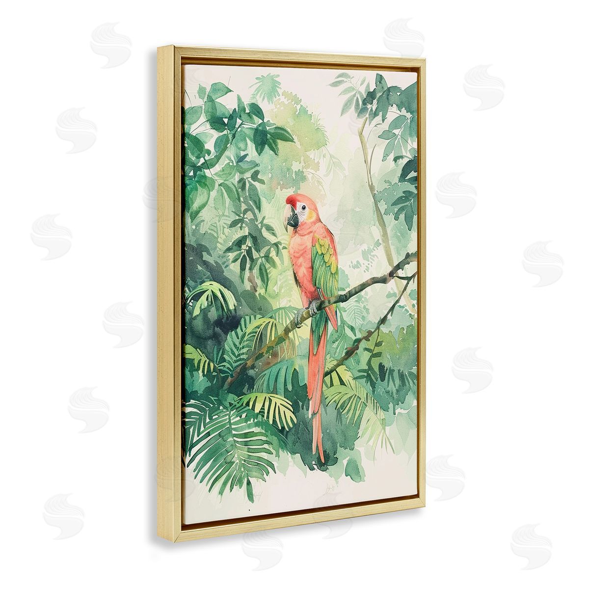 Pink Parrot in Jungle Gold Floating Frame Canvas Wall Art, Home Decor by LSR Design Studio