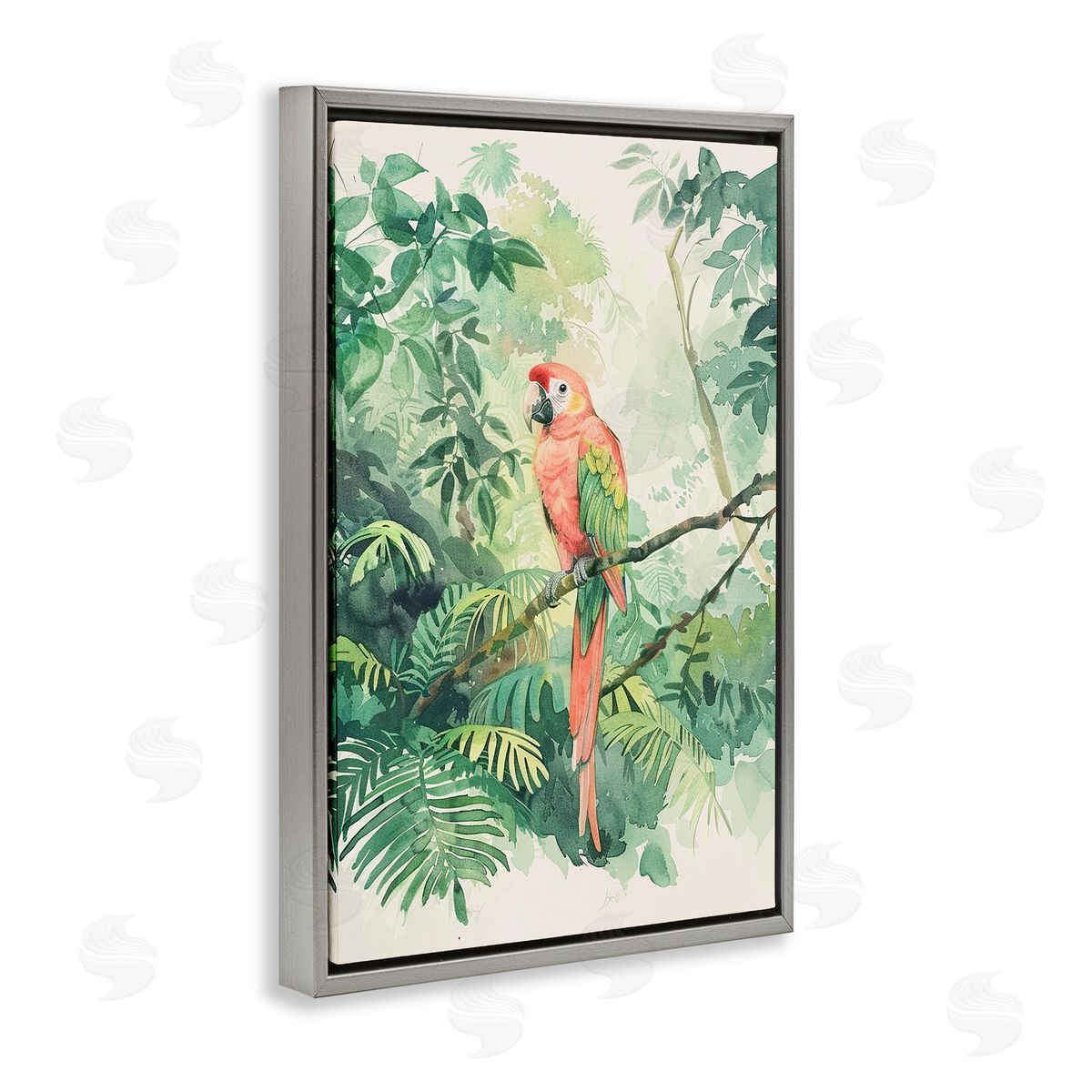 Pink Parrot in Jungle Grey Floating Frame Canvas Wall Art, Home Decor by LSR Design Studio
