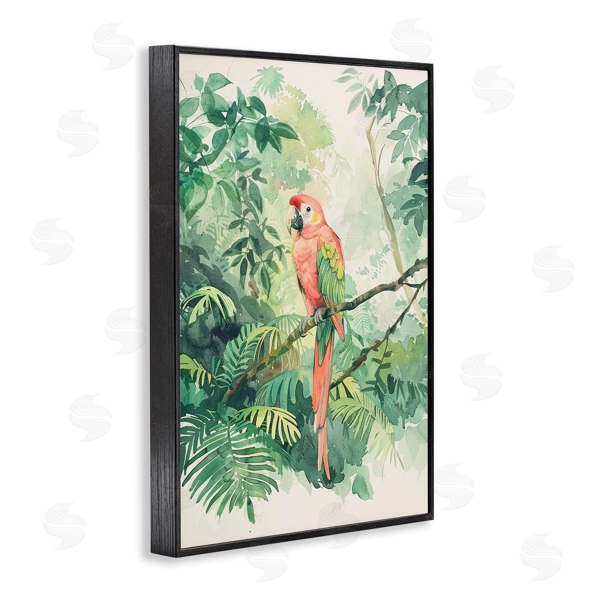 Pink Parrot in Jungle Black Frame Print Wall Art, Home Decor by LSR Design Studio