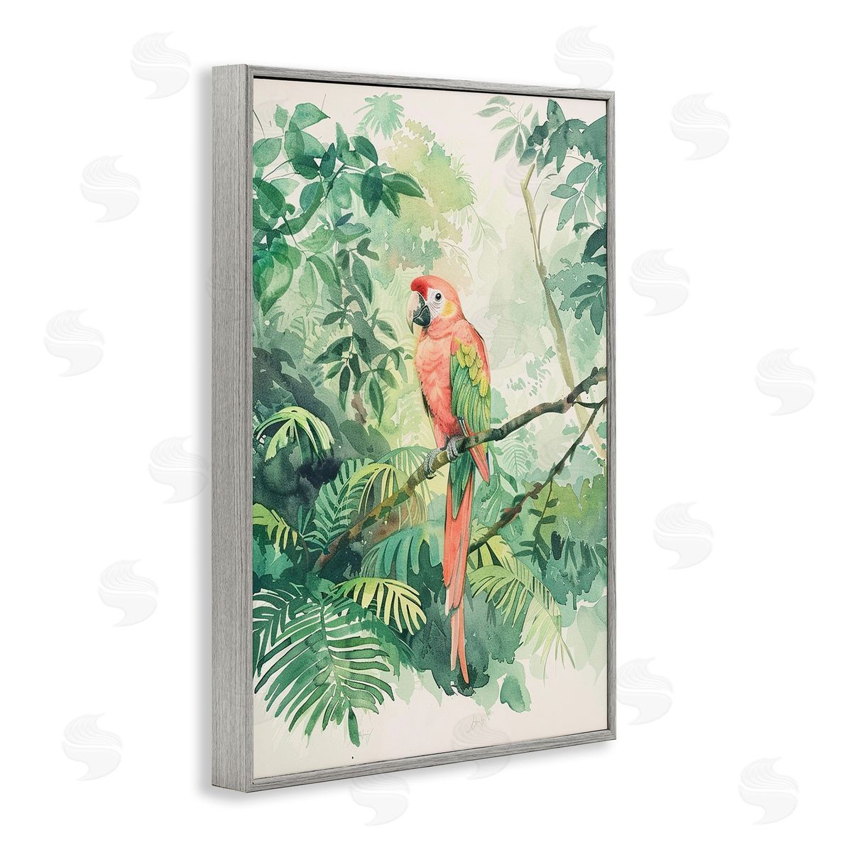 Pink Parrot in Jungle Grey Frame Print Wall Art, Home Decor by LSR Design Studio