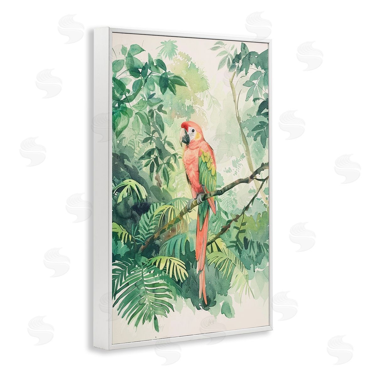 Pink Parrot in Jungle White Frame Print Wall Art, Home Decor by LSR Design Studio
