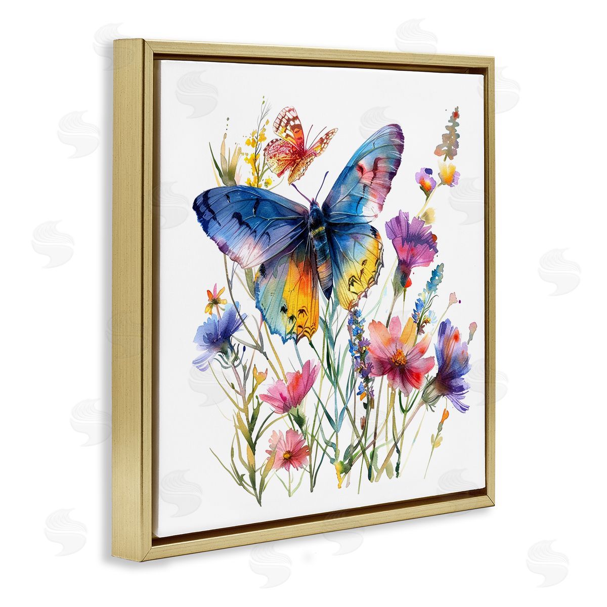Blue Toned Butterfly Garden Gold Floating Frame Canvas Wall Art, Home Decor by LSR Design Studio