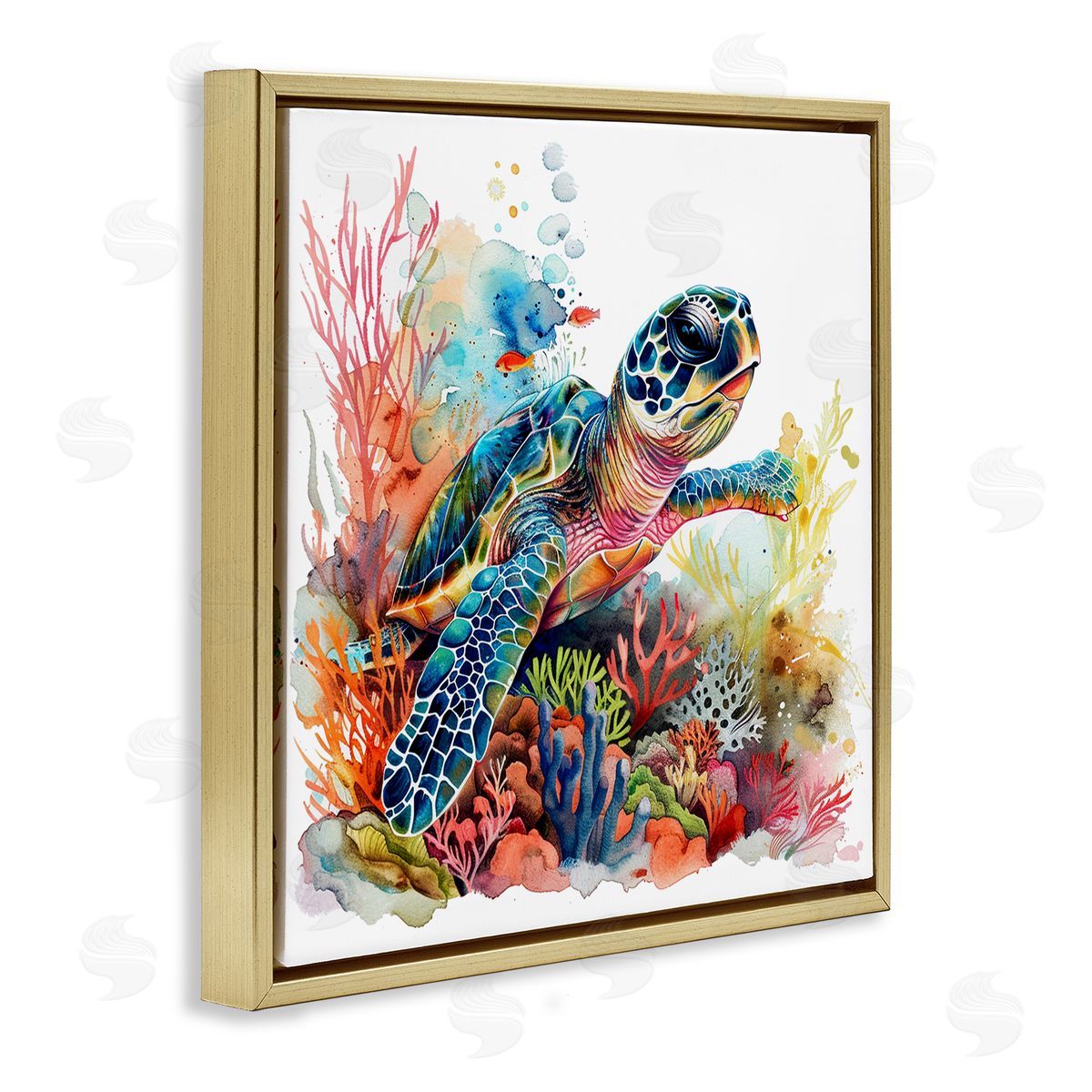 Swimming Turtle Undersea Gold Floating Frame Canvas Wall Art, Home Decor by LSR Design Studio