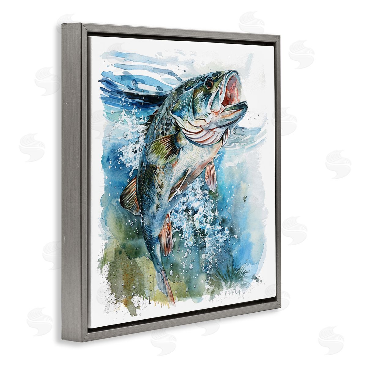Water Splashing Fish Grey Floating Frame Canvas Wall Art, Home Decor by LSR Design Studio