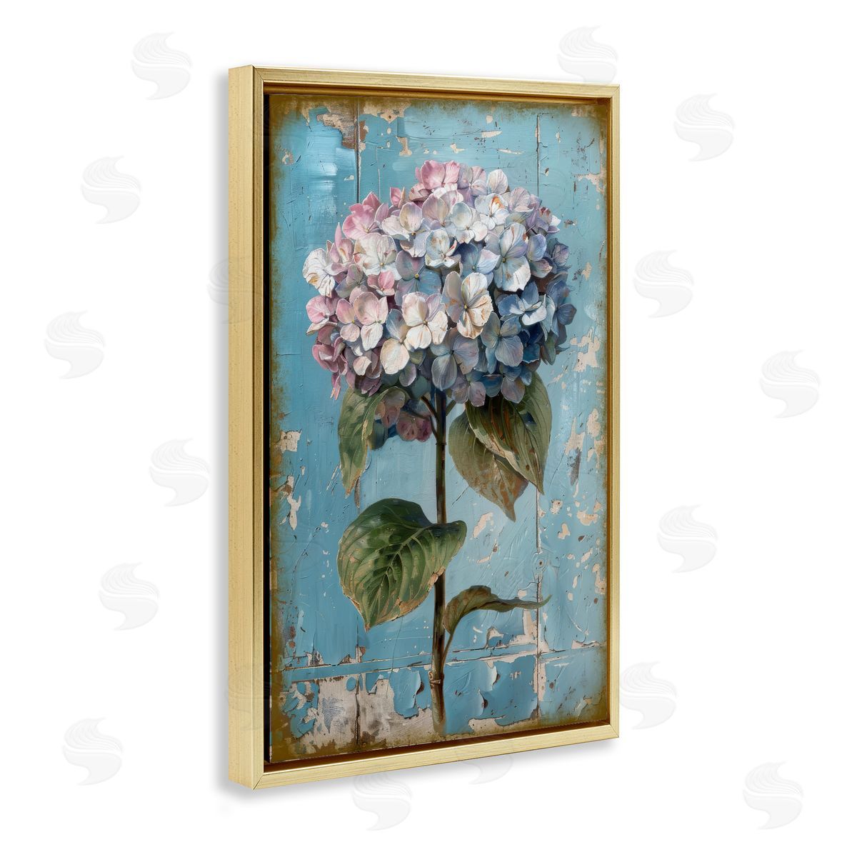 Hydrangea on Distressed Gold Floating Frame Canvas Wall Art, Home Decor by LSR Design Studio