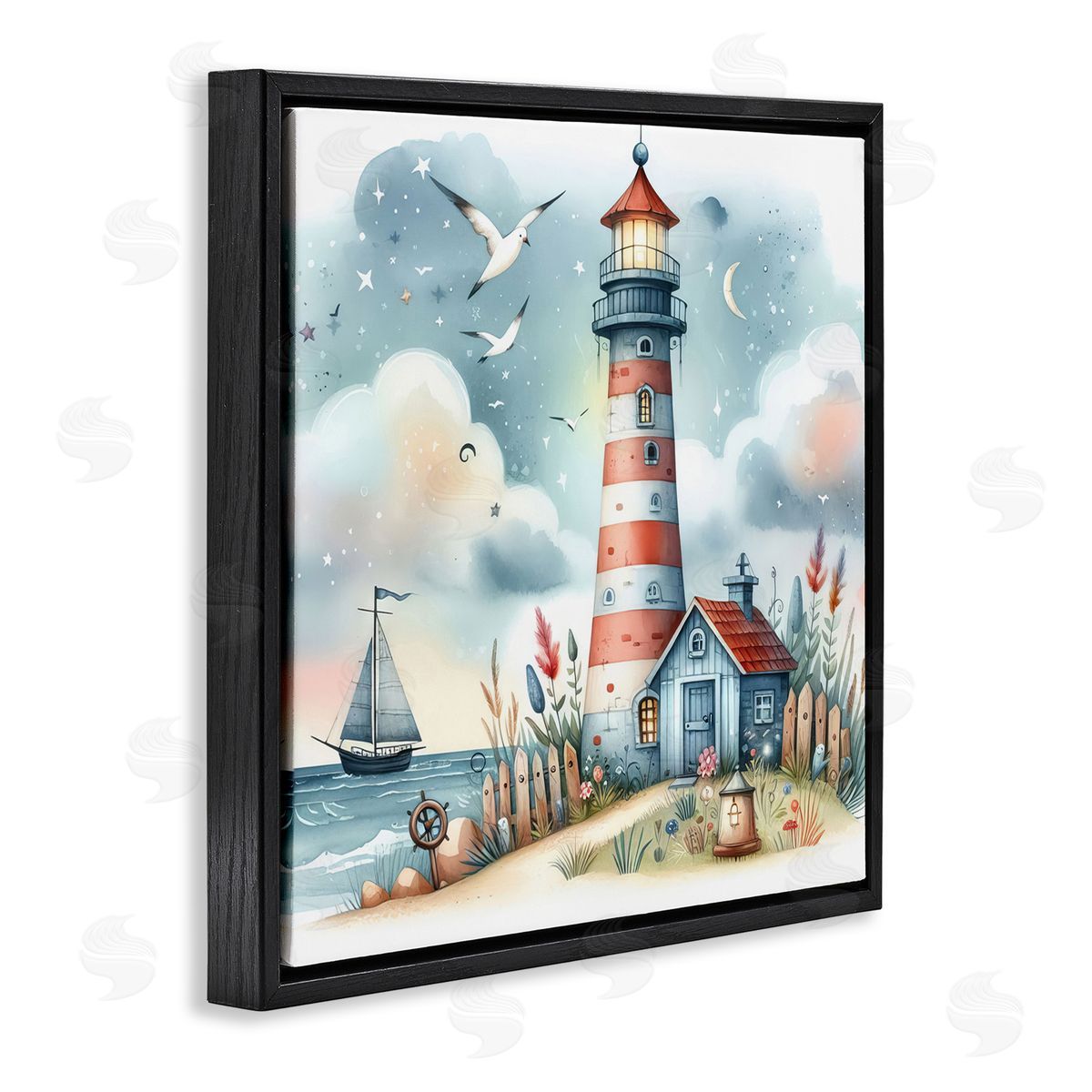 Fun Maritime Lighthouse Black Floating Frame Canvas Wall Art, Home Decor by LSR Design Studio