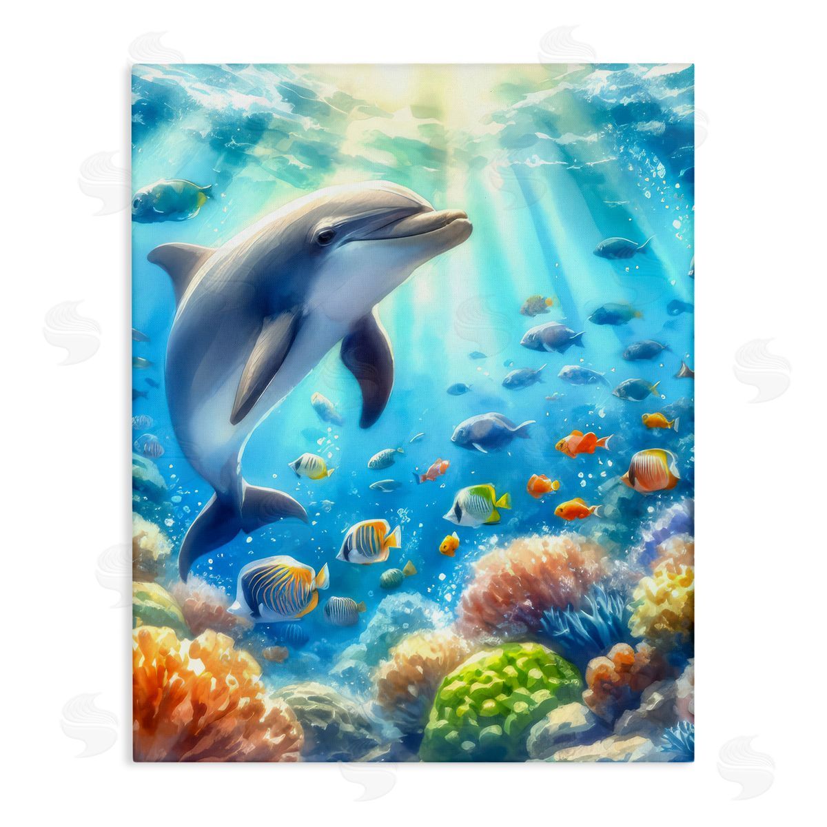 Smiling Dolphin Under Sea Canvas Wall Art, Home Decor by LSR Design Studio